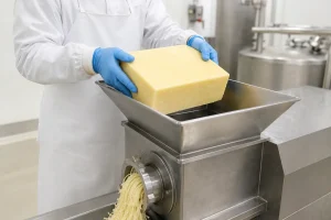 チーズのミンチ作業、釜配合、かき出しの作業風景（神戸市西区）