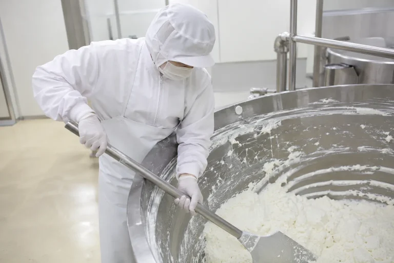 チーズのミンチ作業、釜配合、かき出しの作業風景（神戸市西区）