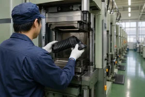 ゴム製品工場で成形機から自動車用ゴム部品を取り出す作業員