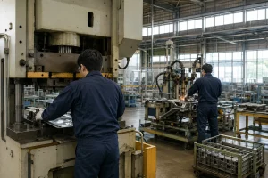 自動車部品製造(プレス機またはスポット溶接機のオペレーター)、加工、検査、部品供給の作業風景（津市）