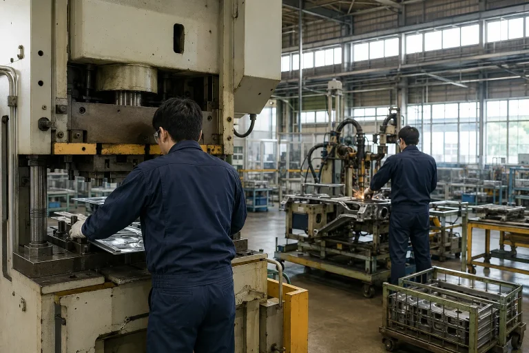 自動車部品製造(プレス機またはスポット溶接機のオペレーター)、加工、検査、部品供給の作業風景（津市）