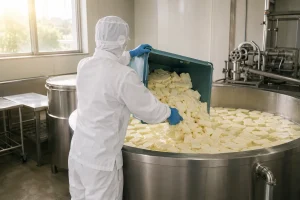 チーズの漬け込み作業。コンテナをひっくり返してチーズを出す作業。の作業風景（神戸市西区）