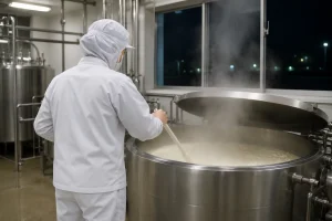 チーズのミンチ作業、釜配合、かき出しの作業風景（神戸市西区）