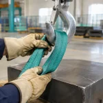革手袋をした手がクレーンのフックにベルトスリングを掛けている様子