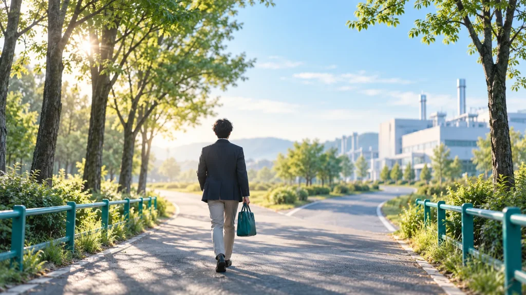 朝の並木道の分岐を、鞄を持って前向きに歩く人物の後ろ姿