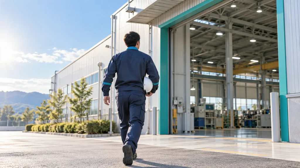 ヘルメットを小脇に抱え、朝の光の中を工場の入口へ歩く作業着姿の後ろ姿