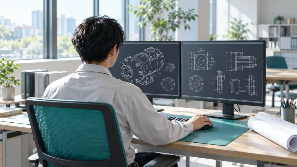 デュアルモニターに機械部品の図面を表示して作業するCADオペレーターの後ろ姿