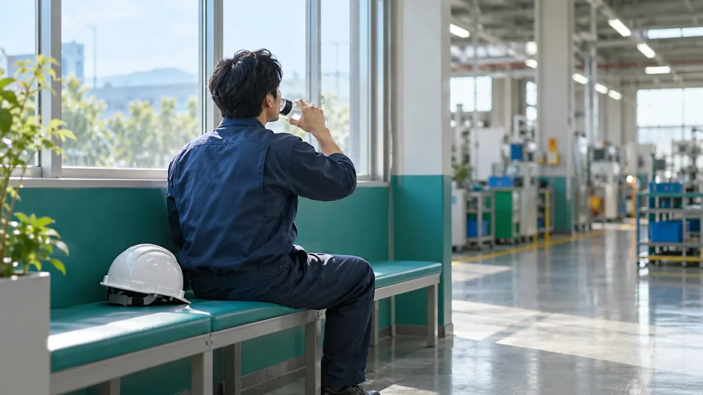 工場の休憩スペースでベンチに座り、飲み物を手にひと息つく作業者の後ろ姿