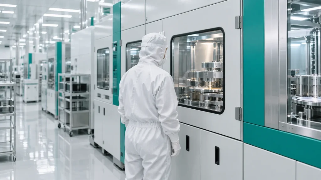 クリーンスーツを着てクリーンルームの製造装置を確認する作業者の後ろ姿