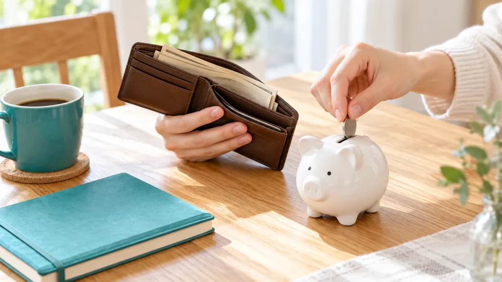 財布を手に、白い貯金箱へ硬貨を入れる手元と家計簿のあるテーブル