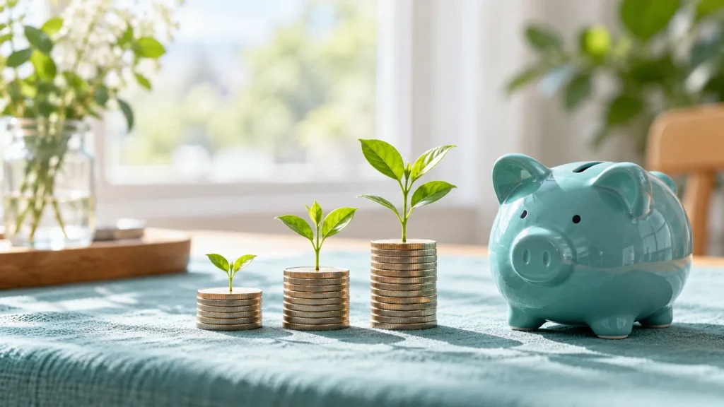 高さの違う硬貨の積み重ねから芽が伸び、横に貯金箱が置かれた様子