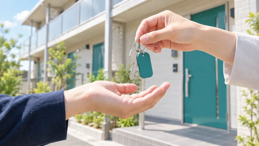 明るいアパートの前で部屋の鍵を手渡す二人の手元